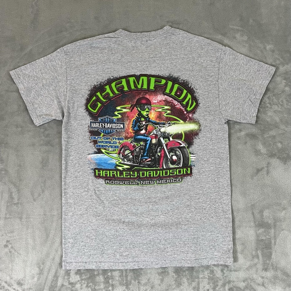 Harley-Davidson Shirt Mens Medium Gray Champion Roswell Alien Biker Graphic Tee